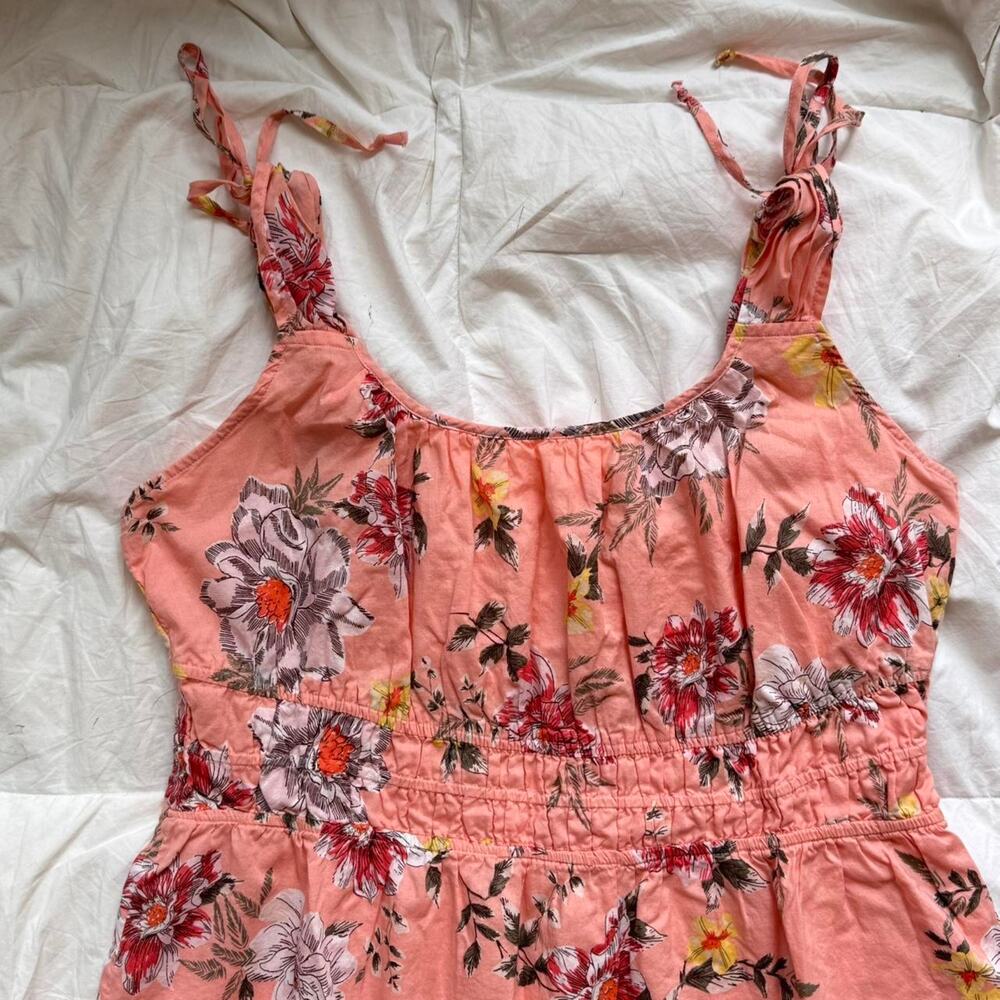 Peach floral baby doll sleeveless dress sz XL ruched bows romantic cottagecore - Picture 2 of 8